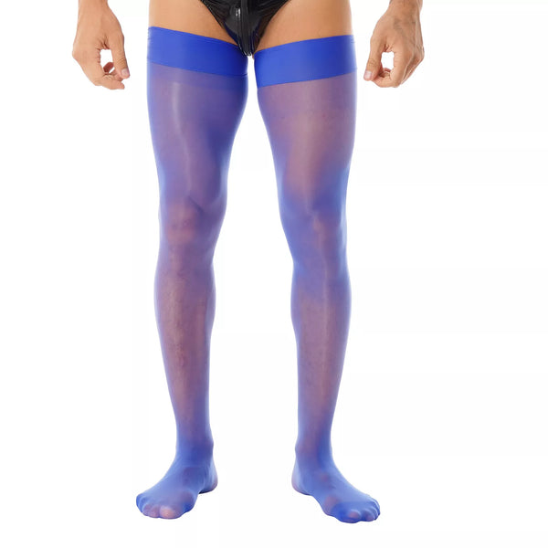 Front view of a model wearing sheer blue thigh-high stockings with wide bands