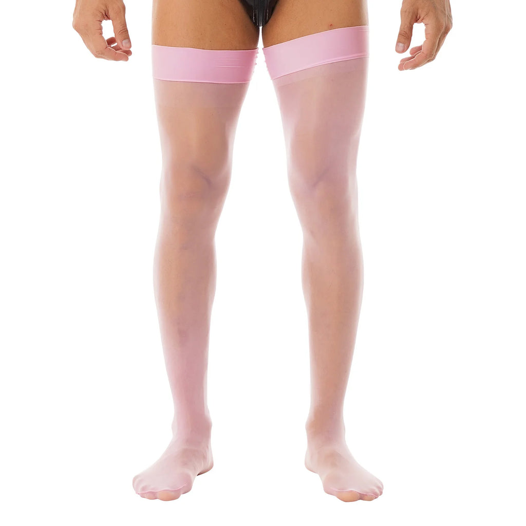 Front view of a model wearing sheer pink thigh-high stockings with wide bands