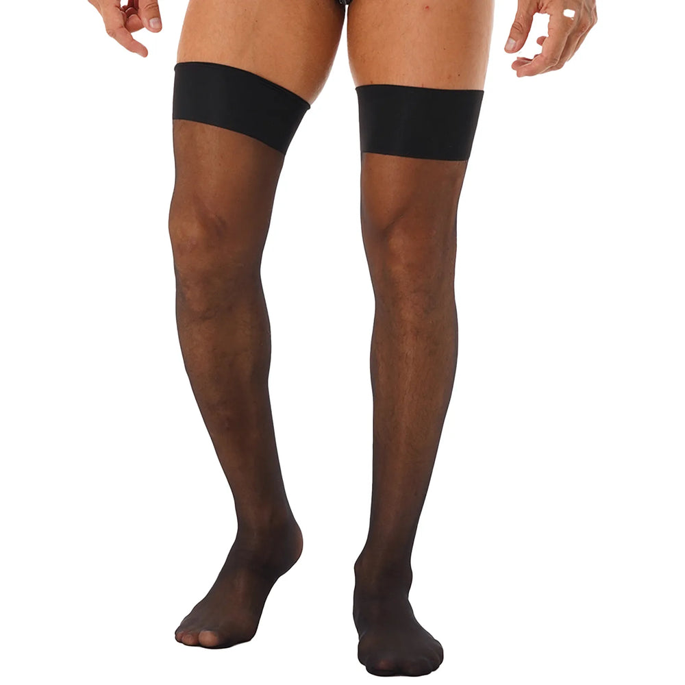 Front view of a person wearing sheer black thigh-high stockings with wide opaque bands