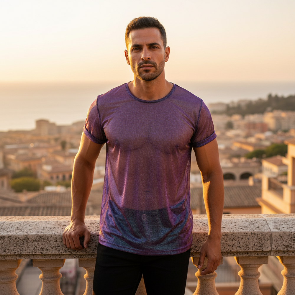 Person wearing a sheer purple short-sleeve mesh T-shirt on a sunlit balcony
