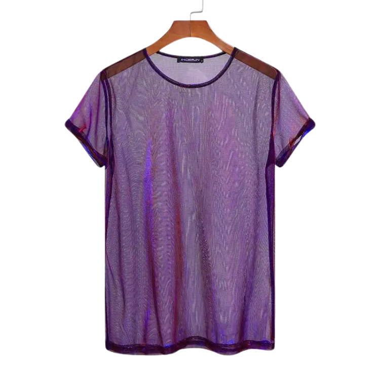 Purple short-sleeve transparent mesh T-shirt hanging on a wooden hanger