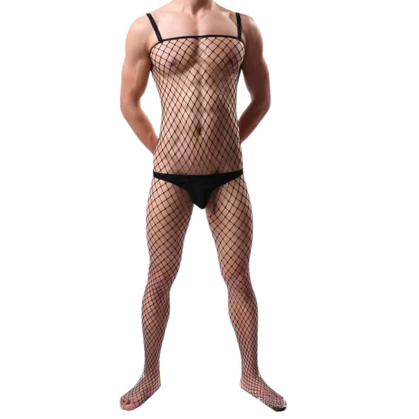 Front-facing model wearing a black full-body fishnet bodysuit with a brief and thin straps