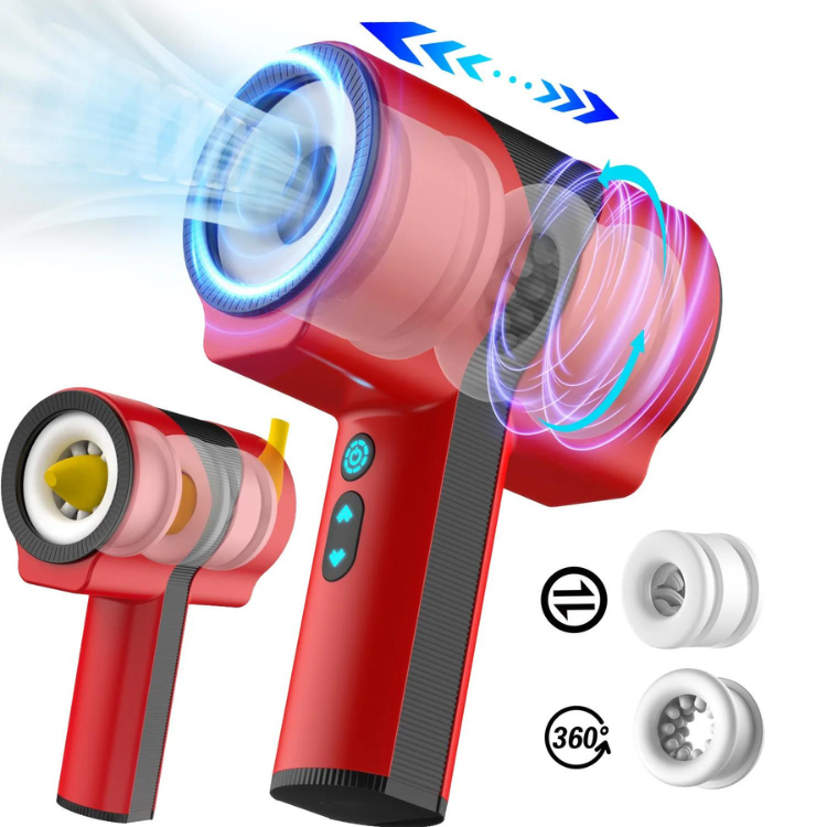 Red handheld auto stroker with rotating head, shown with two white interchangeable sleeves