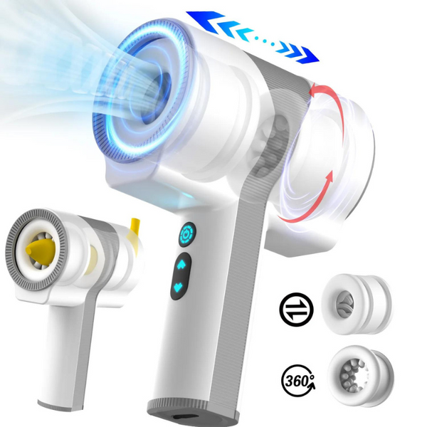 White handheld automatic male masturbator with interchangeable textured heads