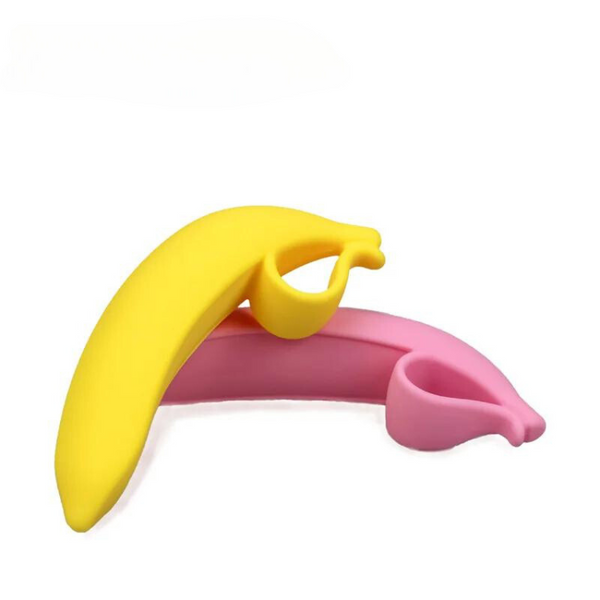 Yellow and pink banana-shaped anal toys arranged together on a white background