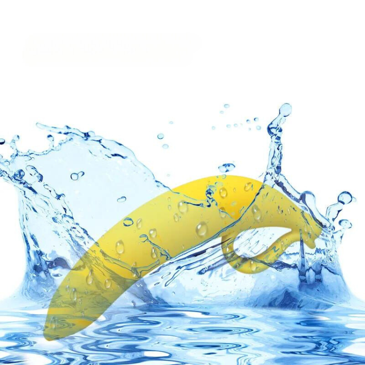 Yellow banana-shaped anal toy splashing through blue water, shown in side view