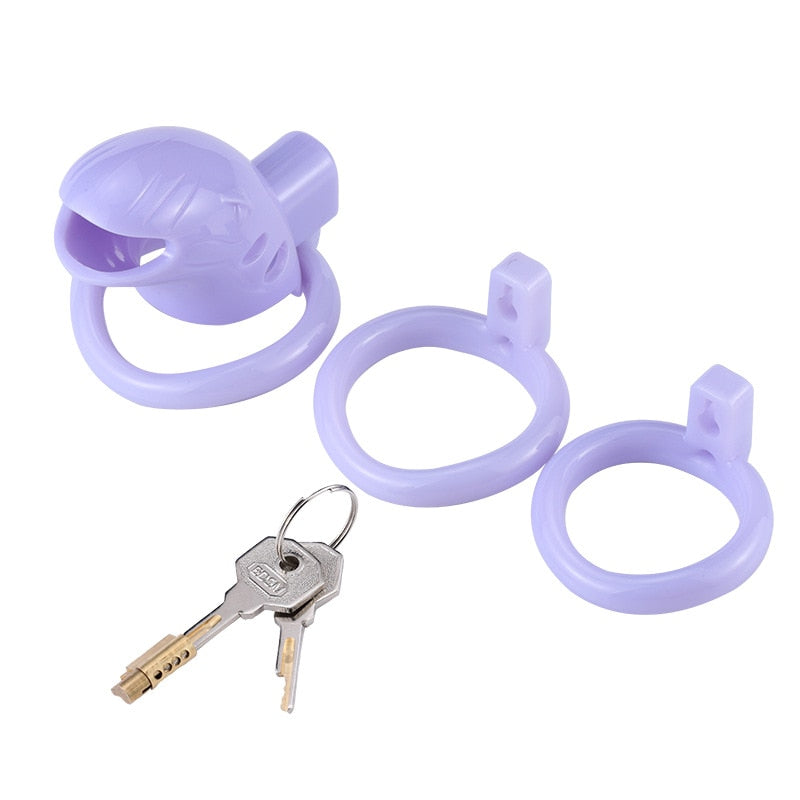 Lavender silicone gay chastity cage set with three rings and two keys on white
