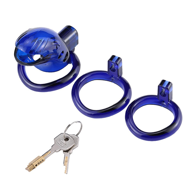 Blue silicone chastity cage with two interchangeable rings and two keys