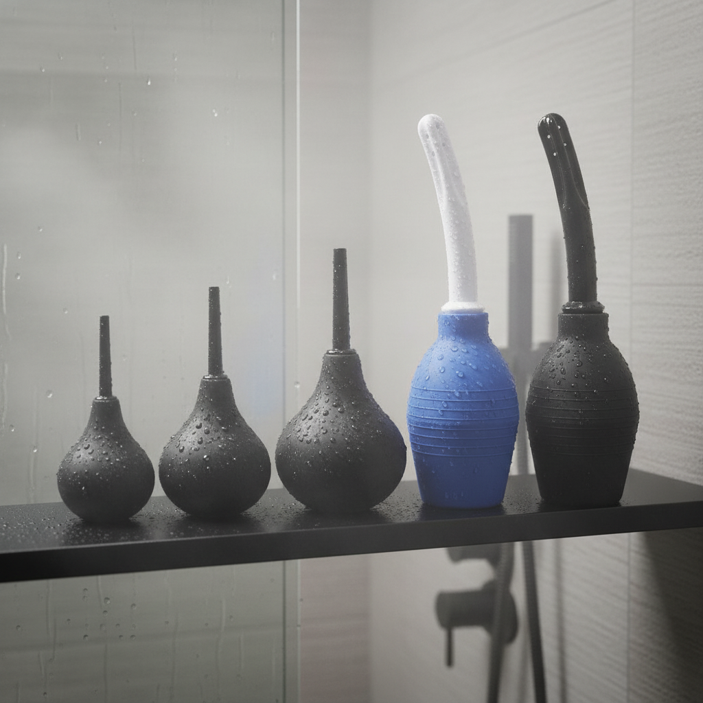 Five water-dropped silicone shower douches lined up on a shower shelf, in black and blue