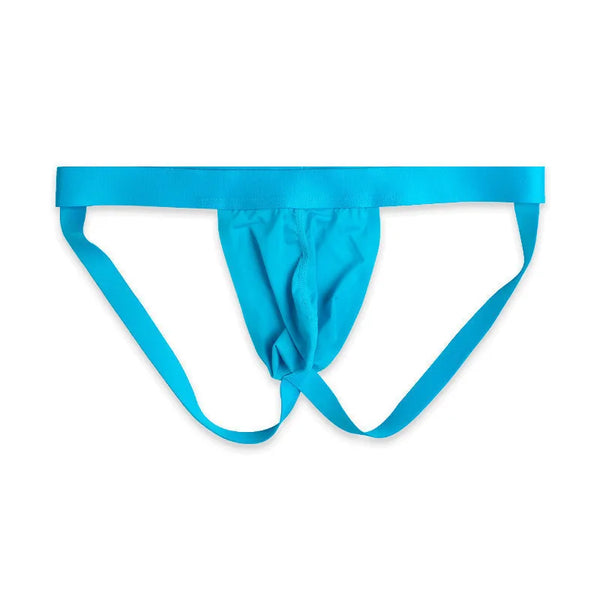 Front view of a turquoise jockstrap with a pouch and narrow leg straps