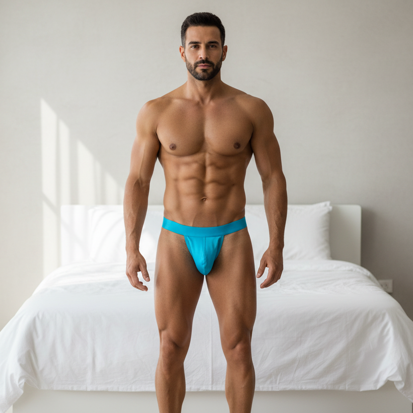 A muscular person with short dark hair faces forward, modeling the Silk Dream Jockstrap