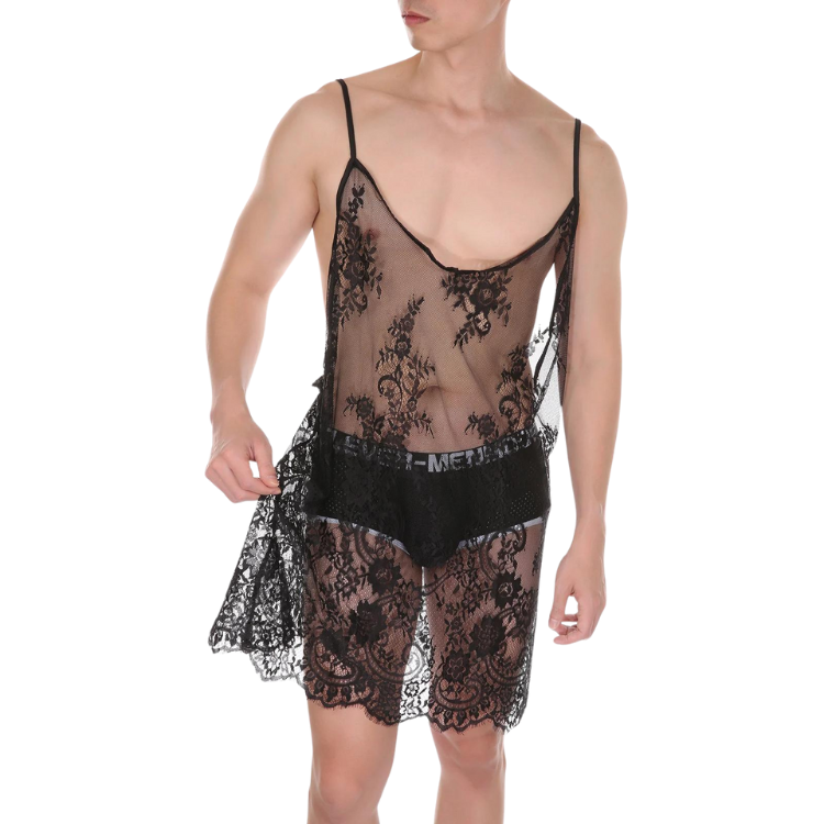 Front-view model wearing a sheer black lace camisole nightdress over black briefs