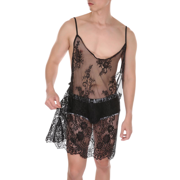 Front-view model wearing a sheer black lace camisole nightdress over black briefs