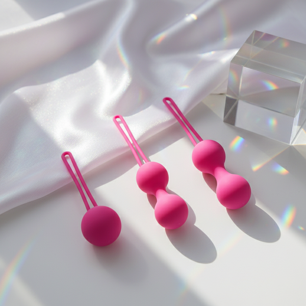 Three pink double-ball kegel exercisers with looped retrieval cords on satin