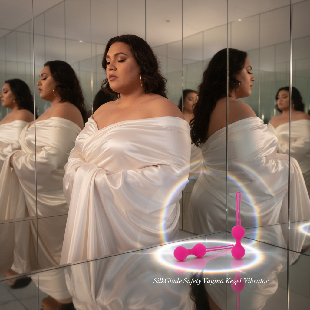 Pink two- and three-bead kegel vibrators on a mirrored surface beside a person in white satin