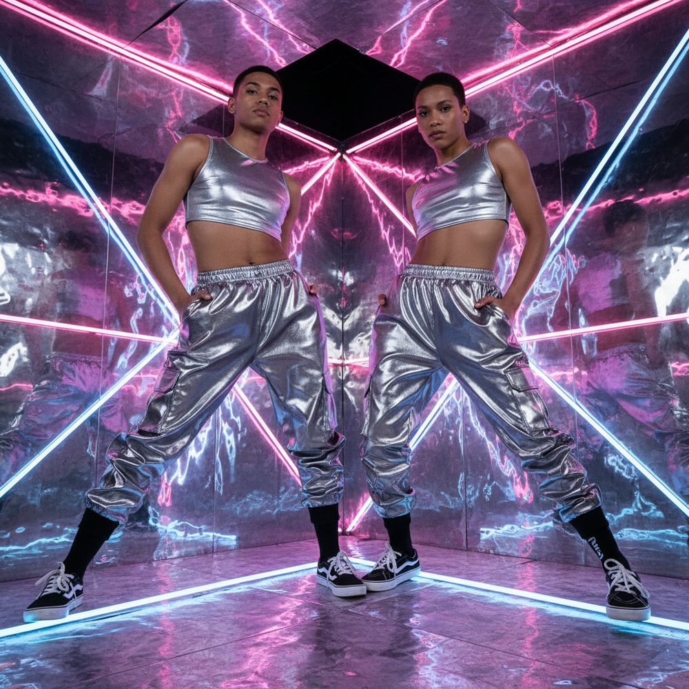 Two models wear shiny silver cargo harem pants in a neon mirrored room