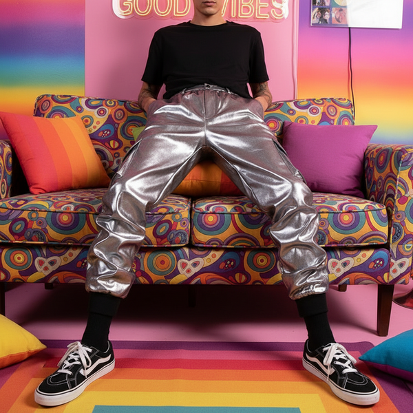 Seated person wearing shiny silver harem pants with gathered cuffs and a dropped crotch