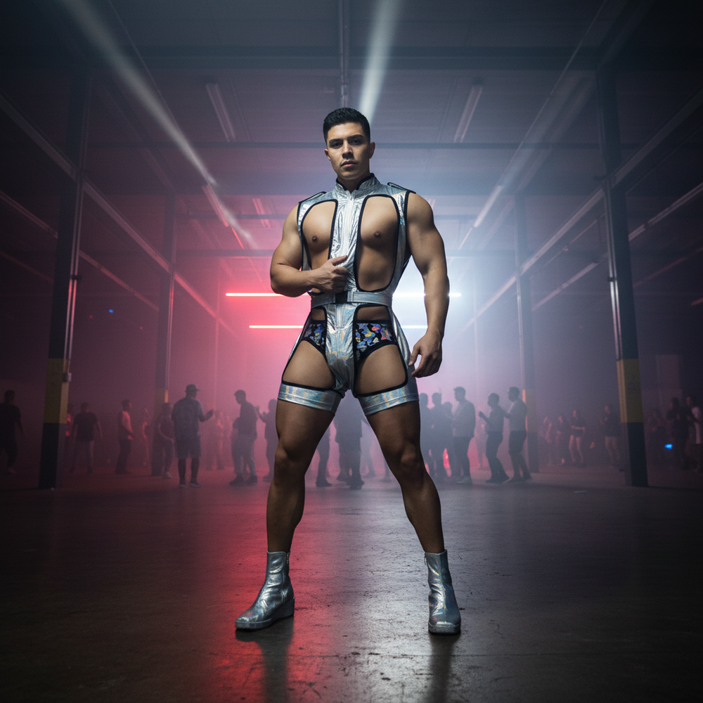 Front-facing muscular person wearing a metallic silver cutout bodysuit and silver boots at a neon-lit rave