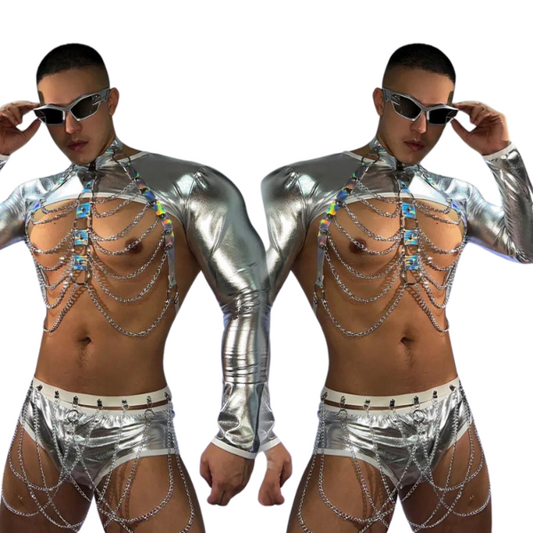 Mirrored model views of a metallic silver ravewear outfit with chains and sunglasses