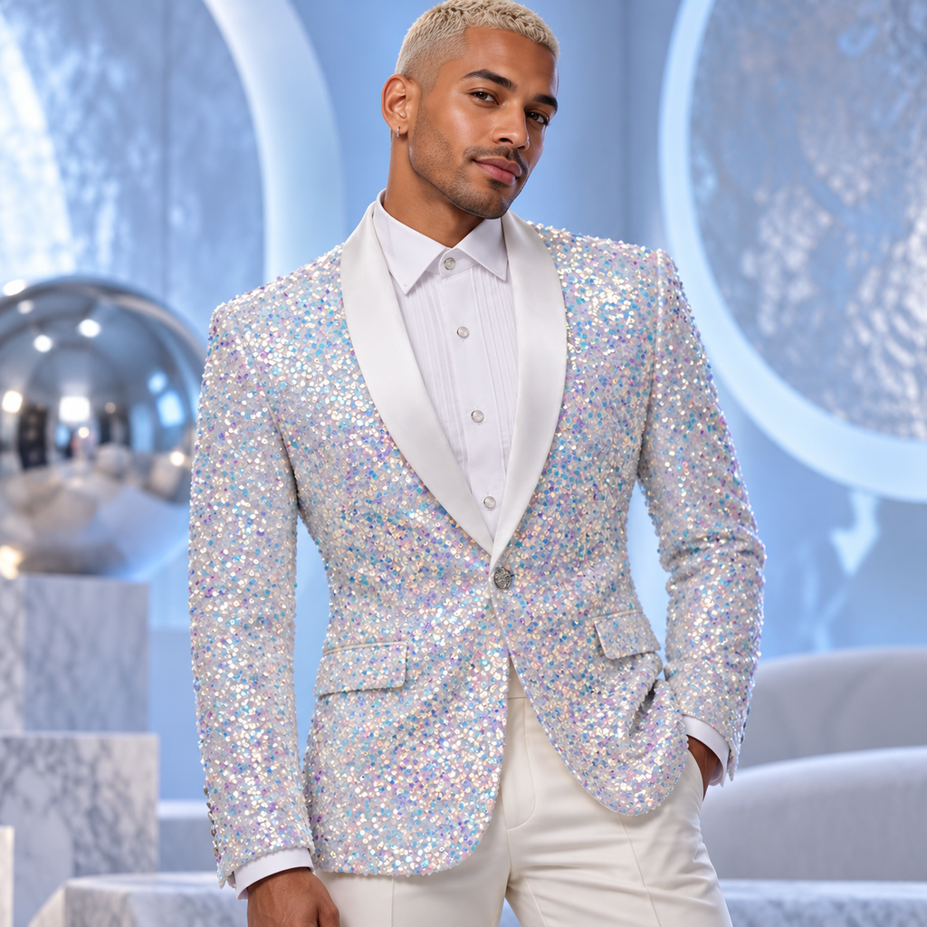 Silver Spectrum Sparkle Night Club Men's Jacket; close-up editorial.