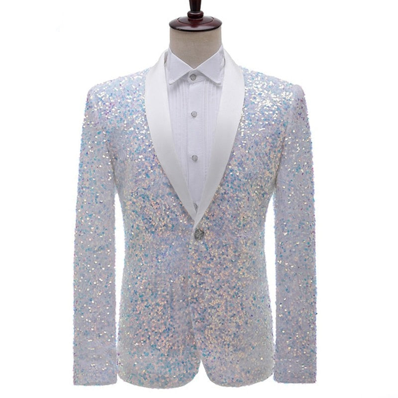 Front view of a silver iridescent sequin tuxedo jacket on a mannequin with white shirt