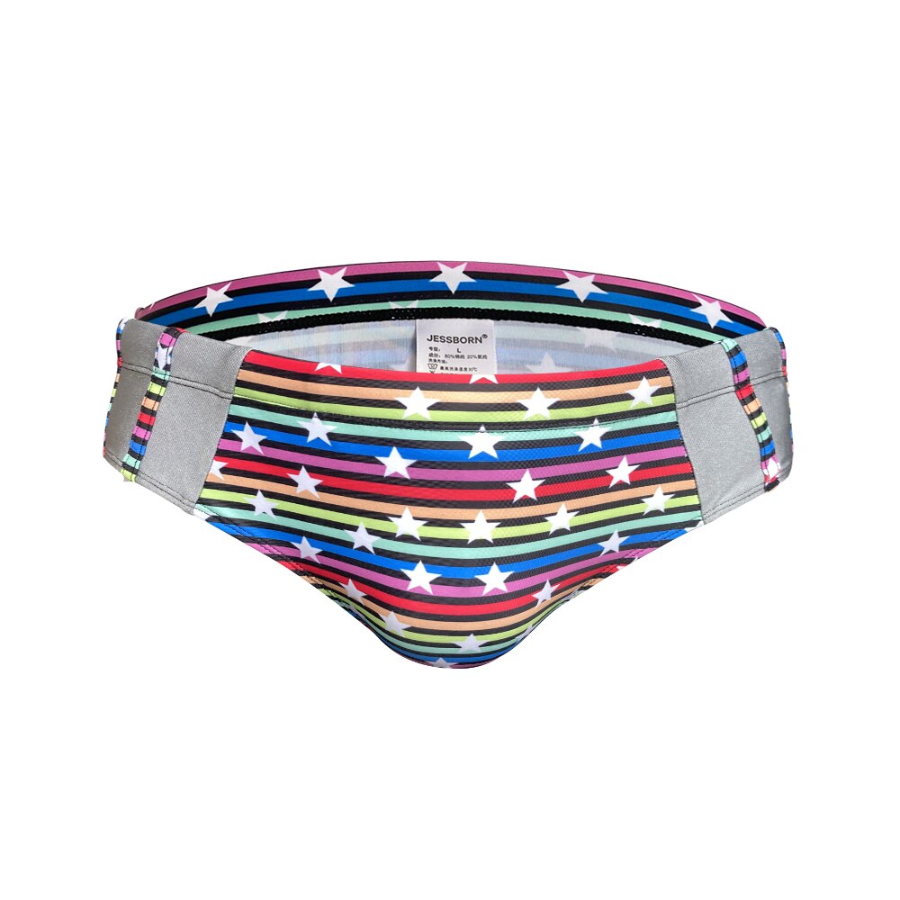 Front view of rainbow-striped swim briefs with white stars and gray side panels