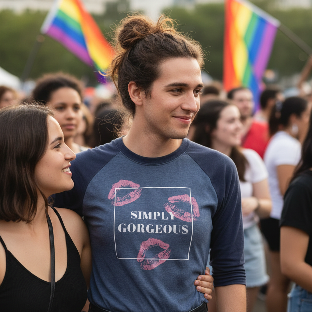 Person wearing a navy raglan shirt with pink lip prints and “SIMPLY GORGEOUS” text at a Pride event