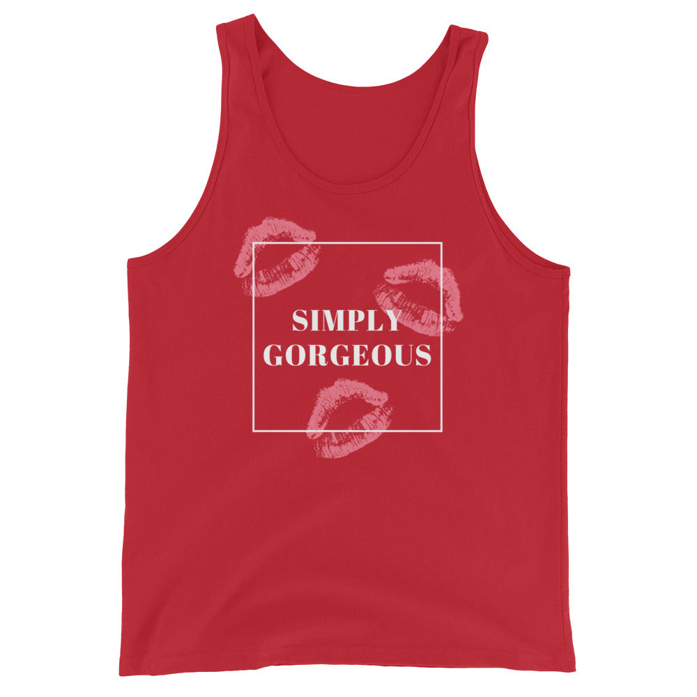 Unisex tank top with three pink lipstick kiss prints, white square border, and bold "SIMPLY GORGEOUS" slogan