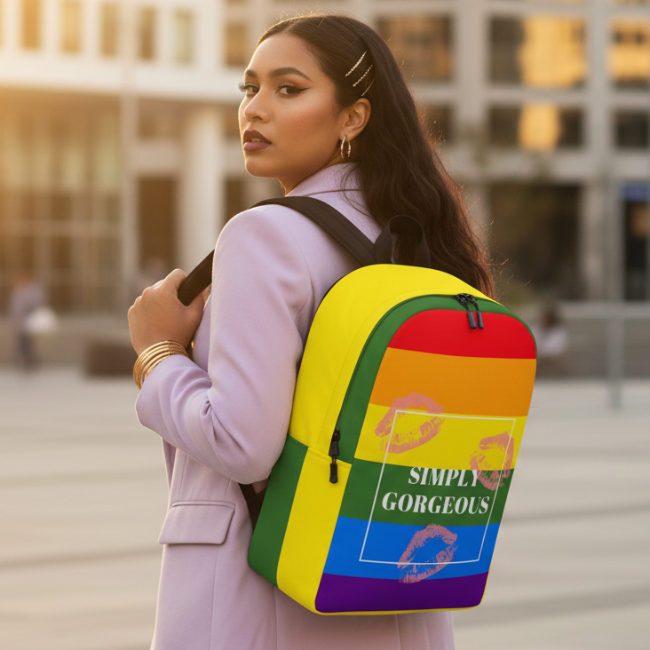 Simply Gorgeous Minimalist Backpack with “SIMPLY GORGEOUS” and kiss mark, rocked by a femme in a lavender blazer, sunlight