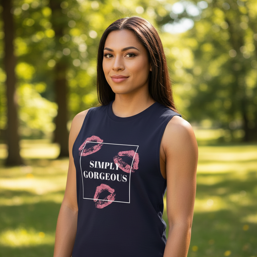 Simply Gorgeous Muscle Top: relaxed fit, bold pink lipstick prints, "SIMPLY GORGEOUS" text