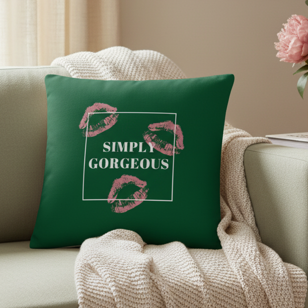 Green LGBT pillow with four pink kiss marks and "SIMPLY GORGEOUS" in white