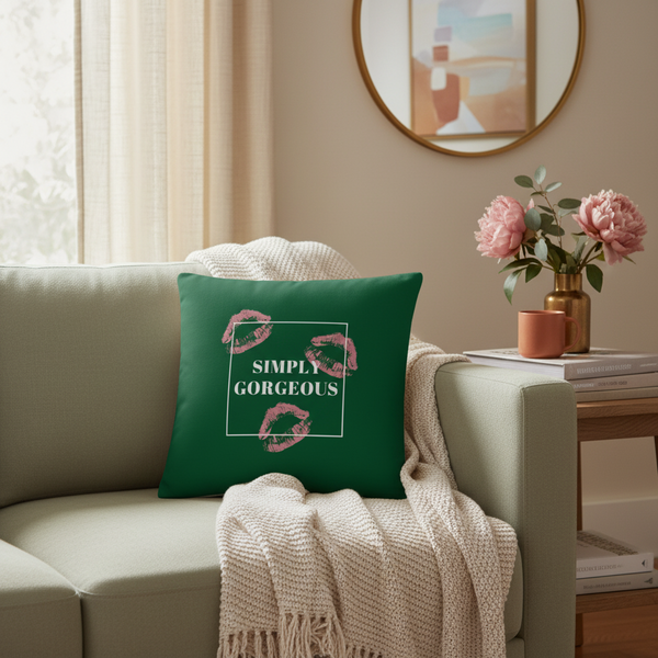 Simply Gorgeous Pillow with a green LGBT design, pink lips, and 