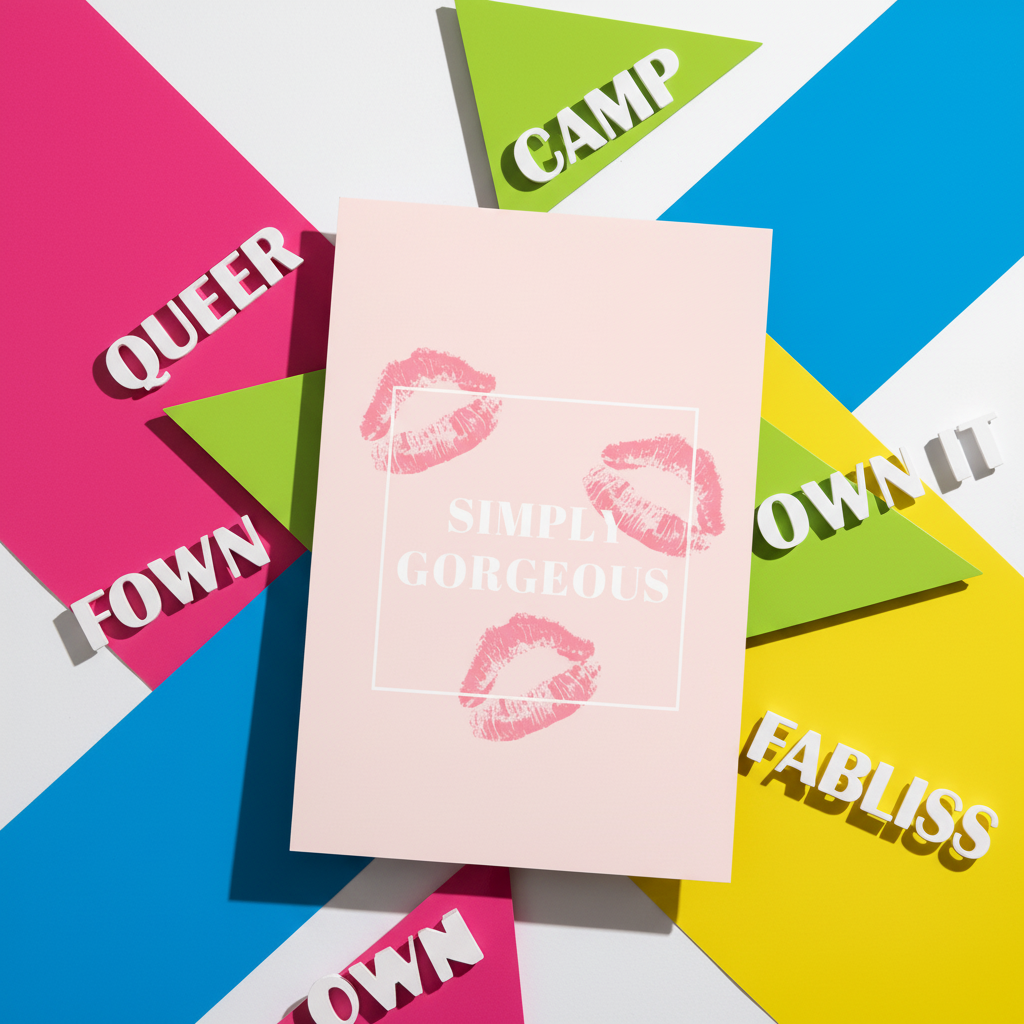 Postcard with lipstick kiss marks and SIMPLY GORGEOUS on hot pink, plus triangles reading QUEER, CAMP, FABLISS