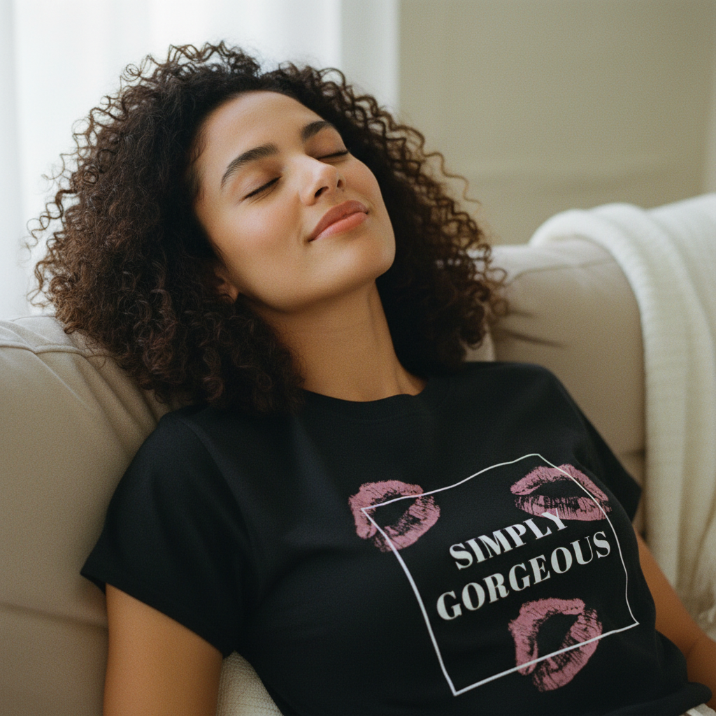Simply Gorgeous T-Shirt with pink lipstick kiss prints and bold white text