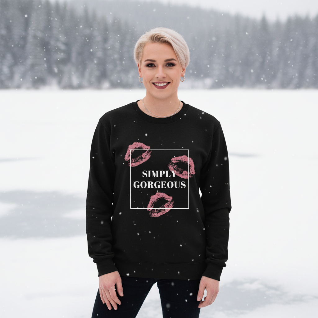 Person wearing a black sweatshirt with pink lip prints and “SIMPLY GORGEOUS” text in falling snow