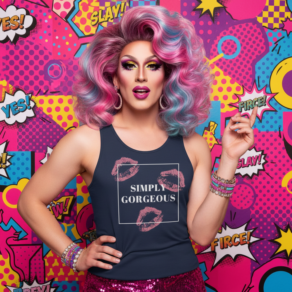Simply Gorgeous Unisex Tank Top worn by a drag queen with a big pink and blue wig, bold makeup, sequin skirt