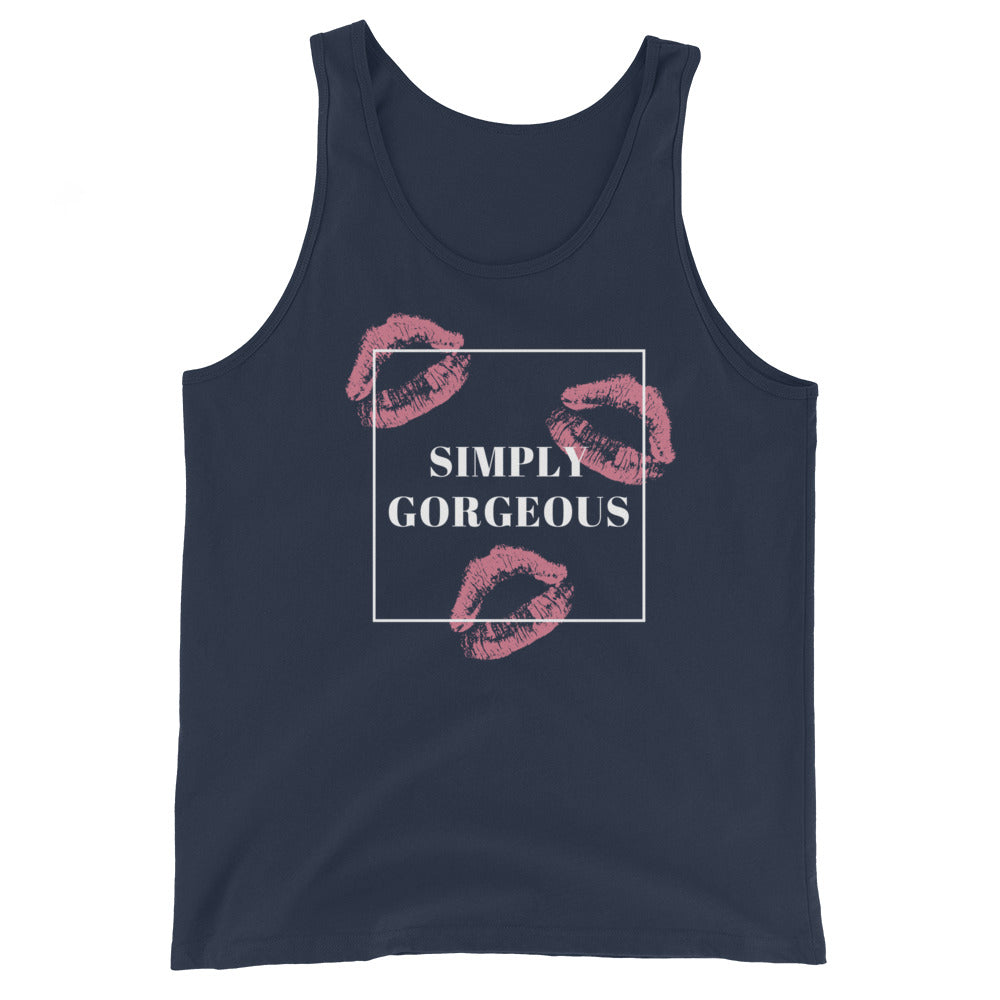 Unisex tank in navy, features a bold “SIMPLY GORGEOUS” center print in a white square, ringed by three pink lipstick kisses