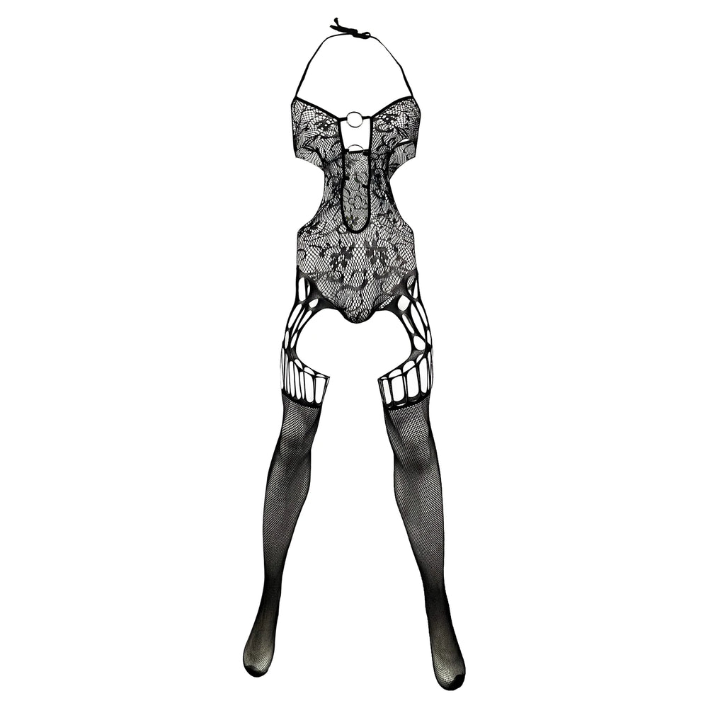 Front-facing black fishnet bodysuit with halter neck, open hips, and attached thigh-high stockings