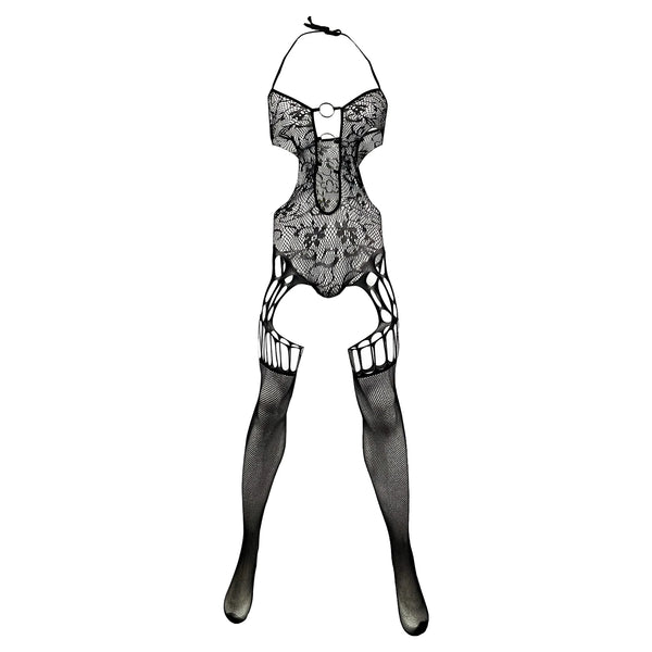 Front-facing black fishnet bodysuit with halter neck, open hips, and attached thigh-high stockings