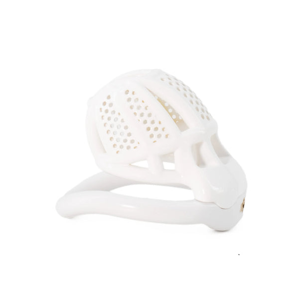 White perforated chastity cage shown from an angled side view on a white background