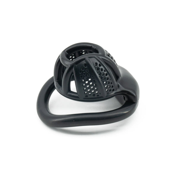 Black ventilated chastity cage shown at an angle on a white background