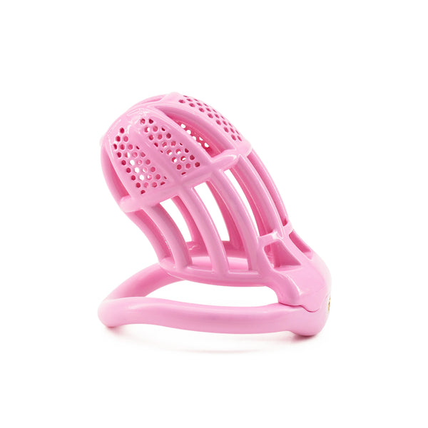 Pink ventilated chastity cage shown at an angled view on a white background