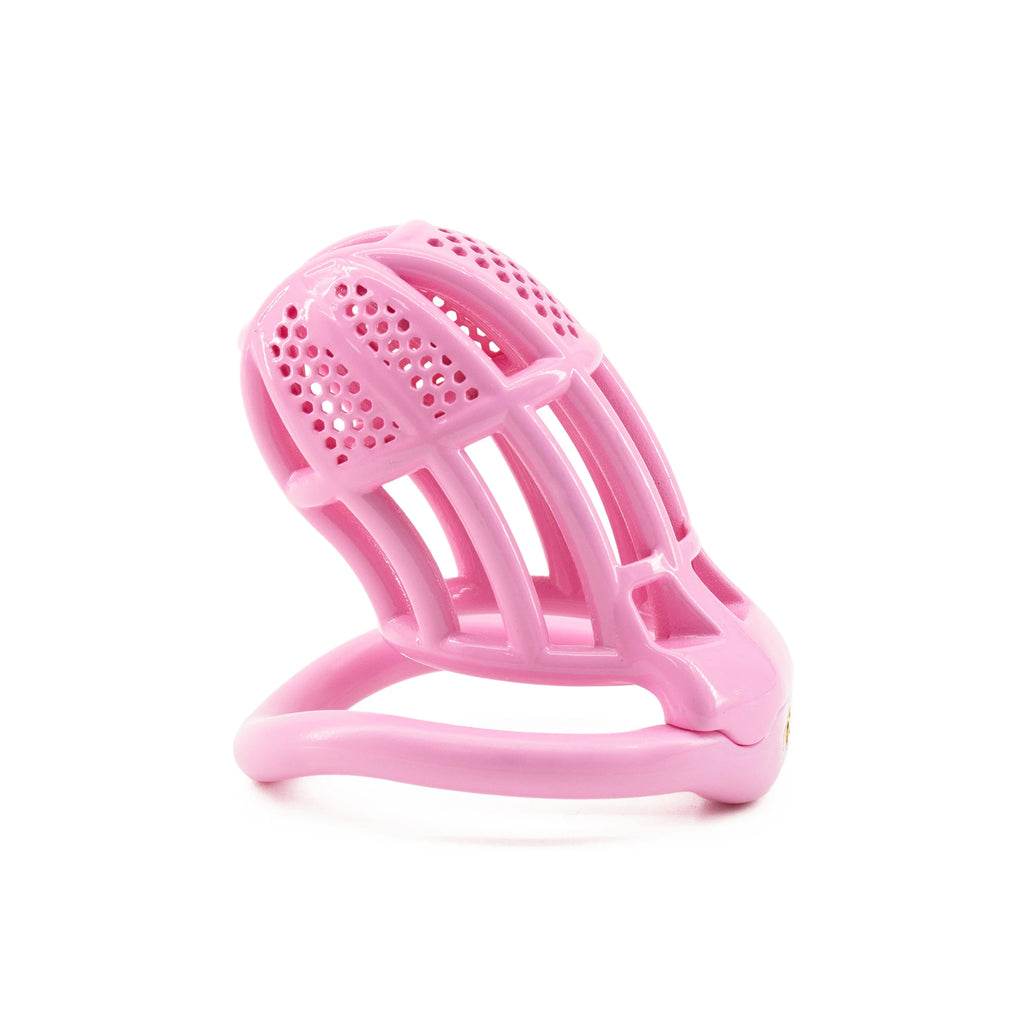Pink ventilated chastity cage shown at an angled view on a white background