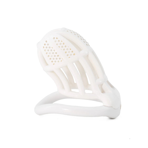 White plastic chastity cage shown at an angled front-side view on a white background