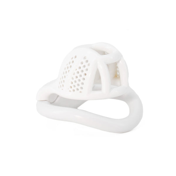 White plastic chastity cage shown from a front-right angle on a white background