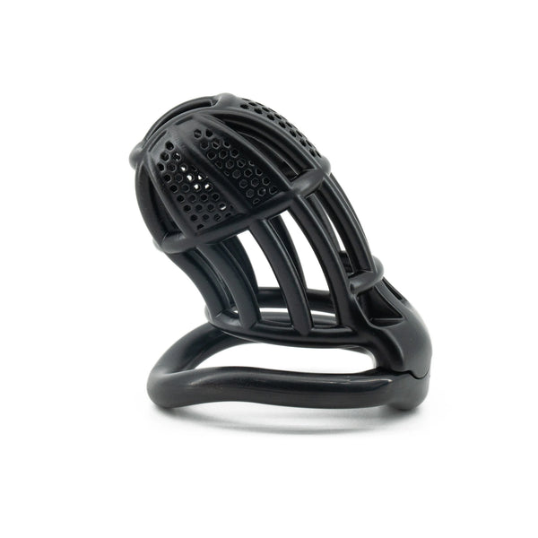 Black ventilated penis chastity cage shown at an angled view on a white background