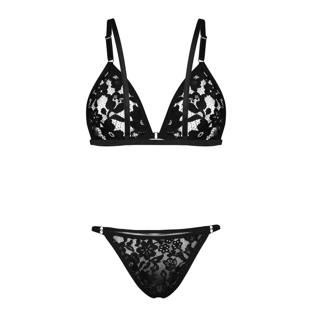 Black floral lace lingerie set with strappy bralette and matching thong, shown flat on white