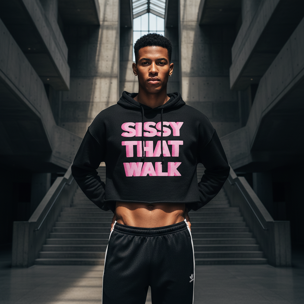 Sissy That Walk Crop Hoodie with bold pink text, worn by a person rocking black Adidas track pants and radiant queer style
