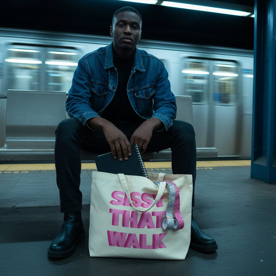 Person seated on a subway platform beside a large organic tote reading “SISSY THAT WALK”