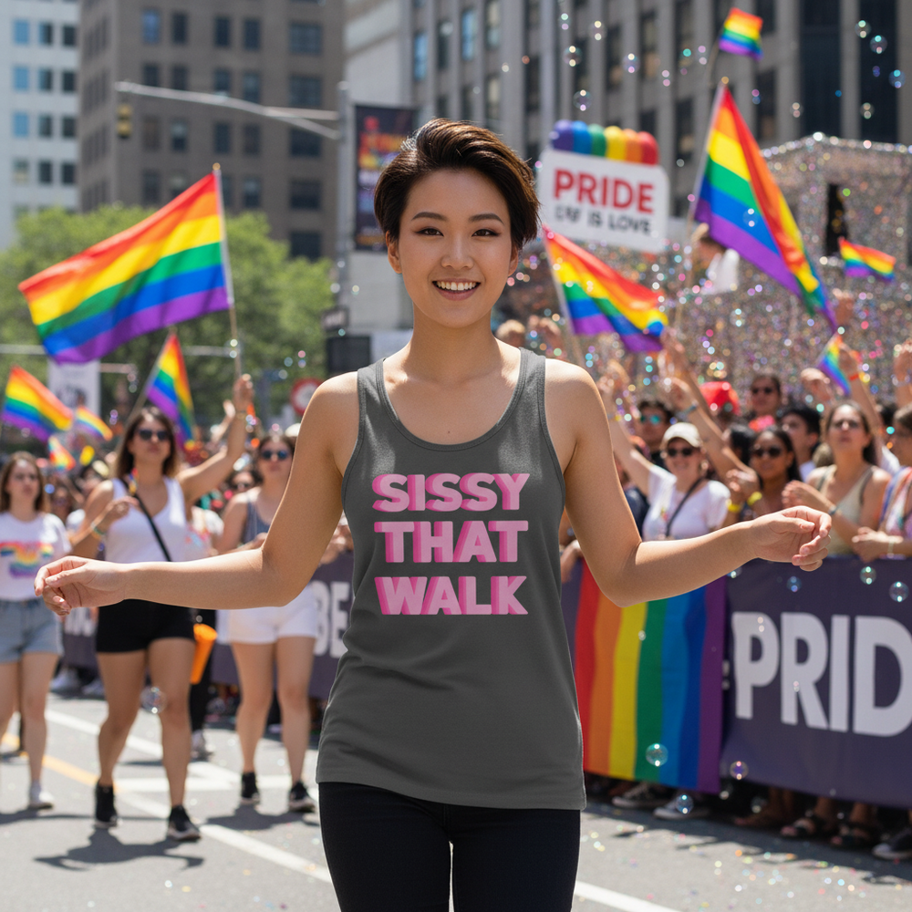 Sissy That Walk Unisex Tank Top, gray with bold pink letters, worn at a pride parade amid rainbow flags and “PRIDE” sign.